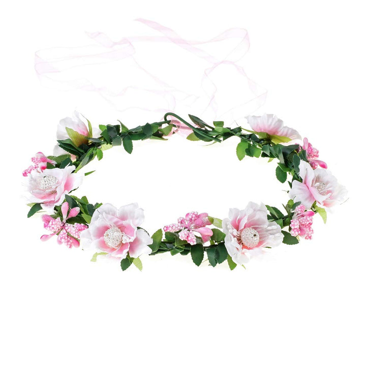 Wedding Hair Wreath Floral Garland Crown Headpiece Adjustable Rose Flower Crown (A-pink)