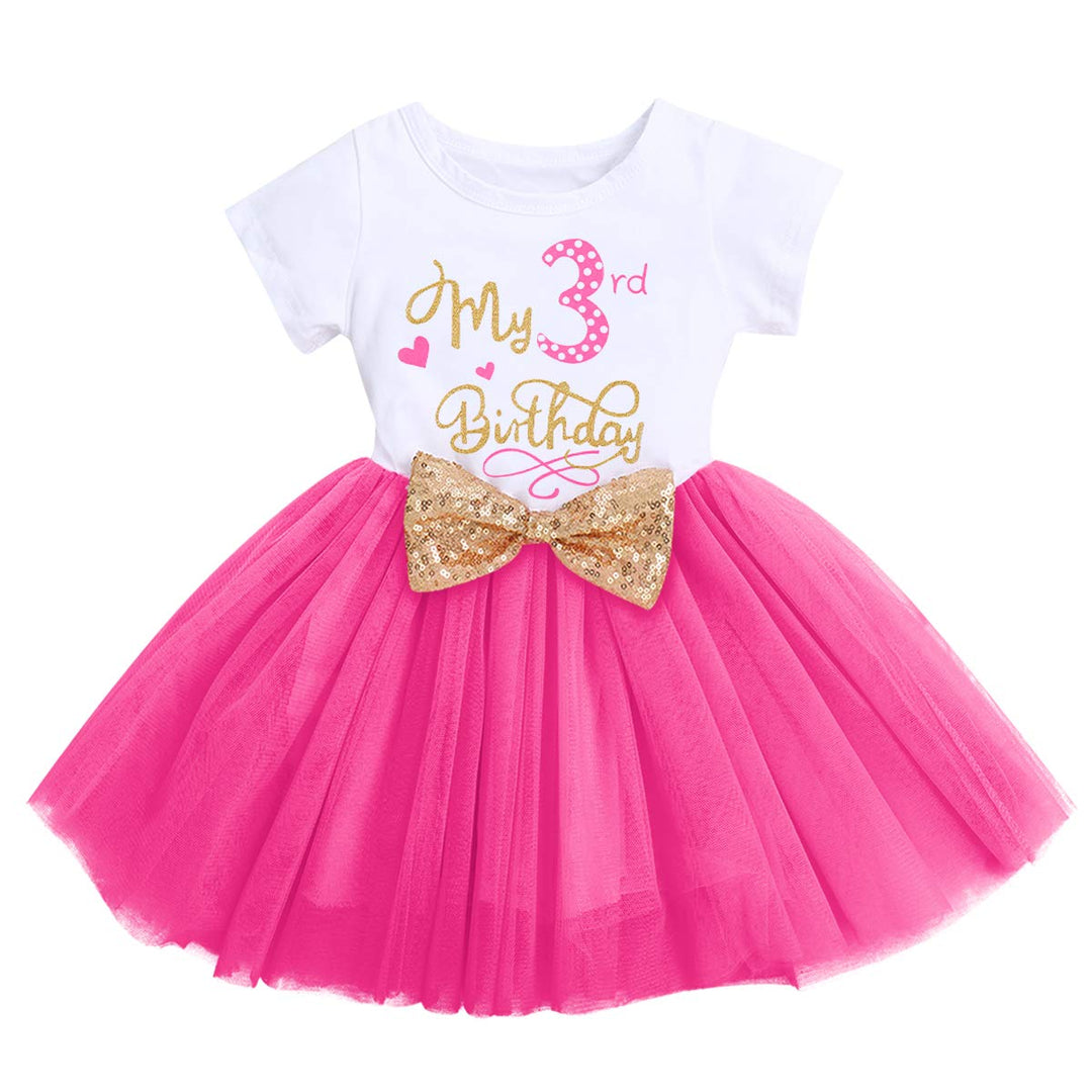 Baby Girls Newborn It&#39;s My 1st/2nd/3rd Birthday Cake Smash Shinny Printed Sequin Bow Tutu Princess Dress Hot Pink(3 Years) 3Y