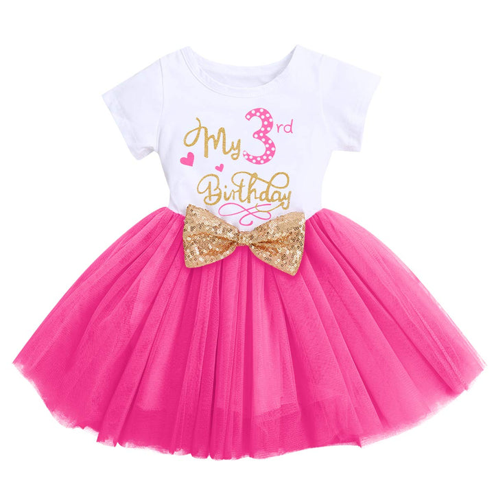 Baby Girls Newborn It&#39;s My 1st/2nd/3rd Birthday Cake Smash Shinny Printed Sequin Bow Tutu Princess Dress Hot Pink(3 Years) 3Y