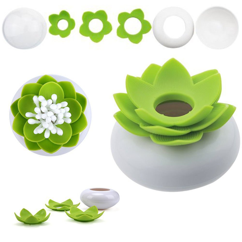 3 Pack Lotus Cotton Swab Holder,Cotton Bud Small Q-Tips Toothpicks Brushes Holder Box Case Storage Organizer Jar with Clear Lid Dustproof Cover Green Grey Beige