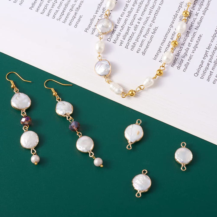Fashewelry 10Pcs Natural Pearl Pendant Connectors Flat Round Keshi Pearl Charm Links with Gold Edge Wrapped 20x13-15mm for Jewelry Making Hole: 1.5mm