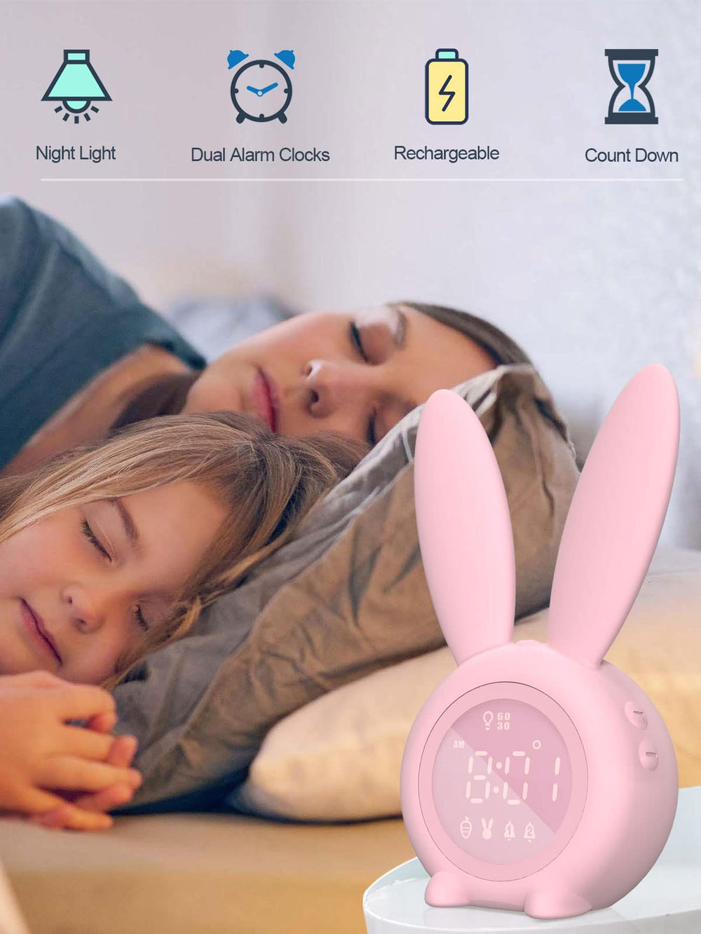 Kids Alarm Clock - Digital Wake Up Clock, Dimmable Ambient Lighting, Cute Rabbit Design, 5 Ringtones - Rechargeable, Perfect for Bedrooms
