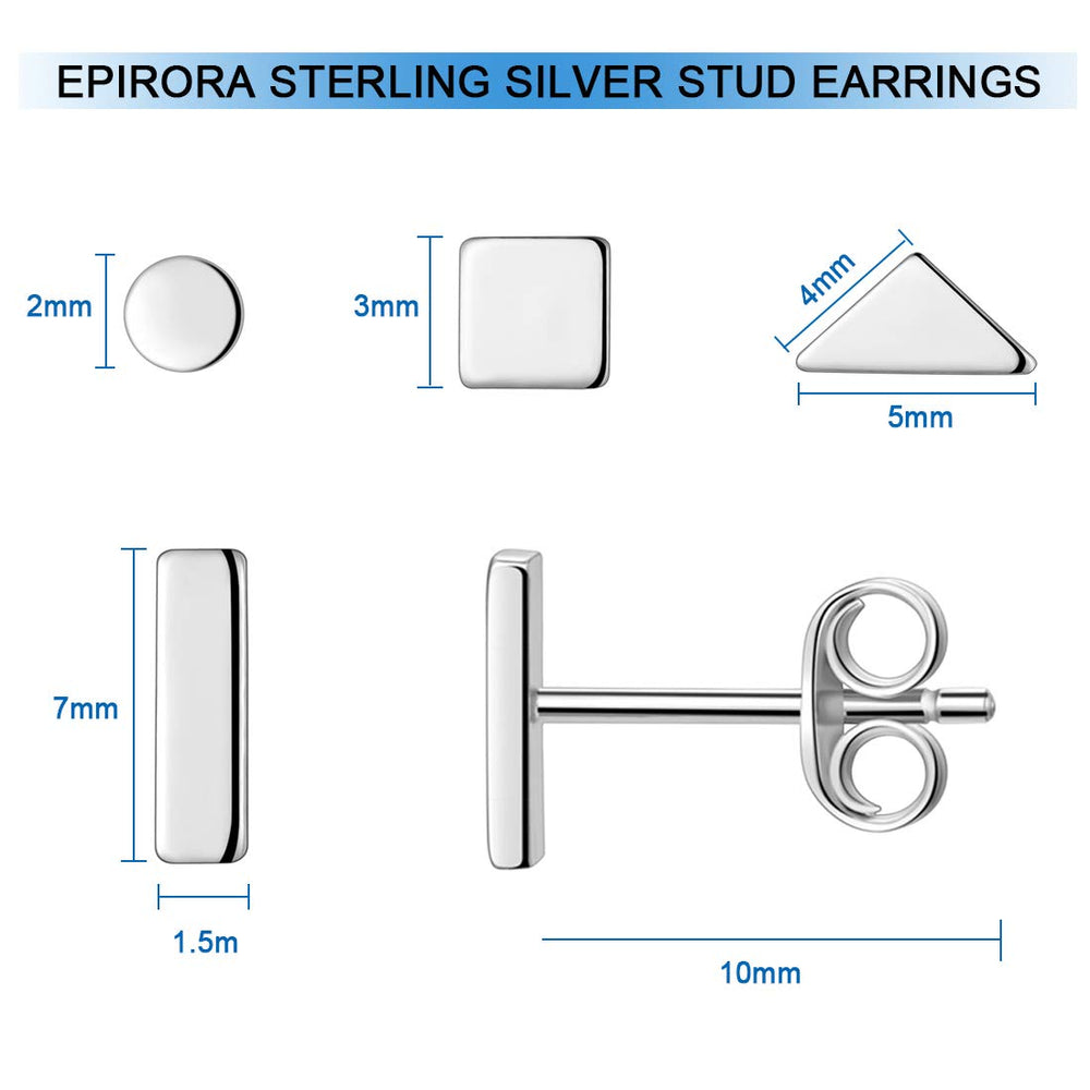 Sterling Silver Stud Earrings for Women Men- 4 Pairs of Hypoallergenic Simple Geometric Small Stud Earring Set Tiny Circle Triangle Square Bar Stud Earrings Mini Cartilage Tragus Earrings(Sliver)