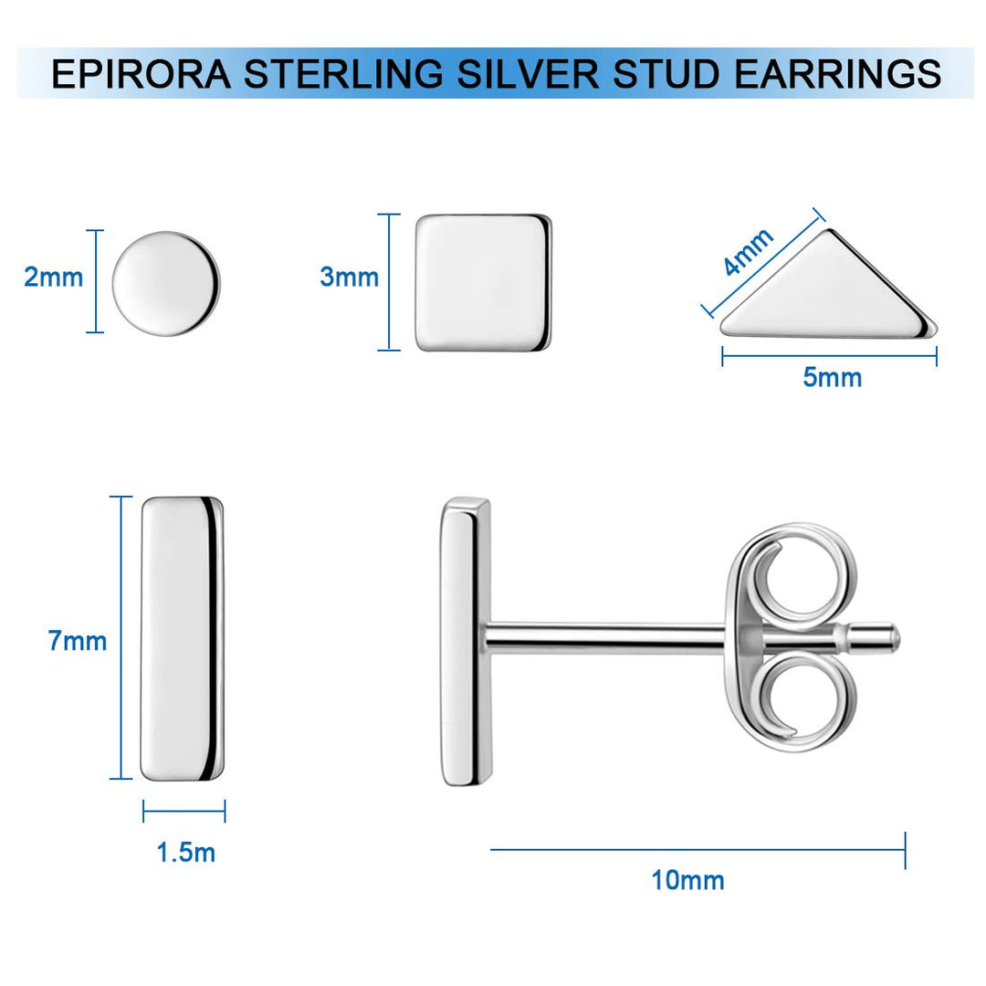 Sterling Silver Stud Earrings for Women Men- 4 Pairs of Hypoallergenic Simple Geometric Small Stud Earring Set Tiny Circle Triangle Square Bar Stud Earrings Mini Cartilage Tragus Earrings(Sliver)