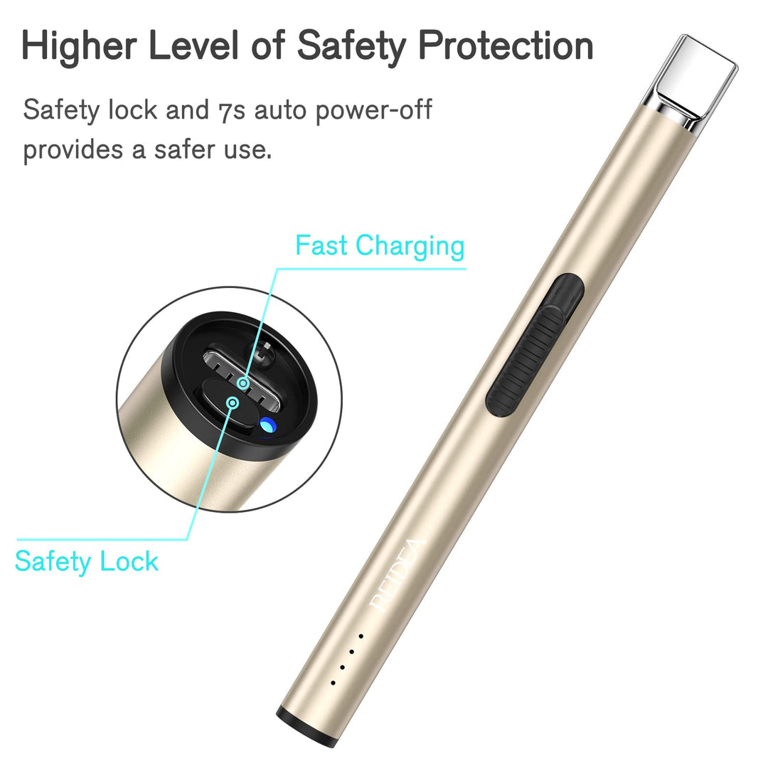 REIDEA Lighter Electric for Candle S4 Pro USB Rechargeable Safety Lock with LED Battery Indicator Flameless Windproof Arc Plasma Lighter for Candle, Fireworks (Champagne Gold)