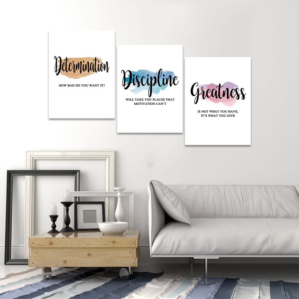 Motivational Office Wall Art - Determination Discipline Greatness Inspirational Wall Decor Positive Quotes Posters Entrepreneur Pictures Success Artwork for Home Study Room Decor (12x16x3Pcs)