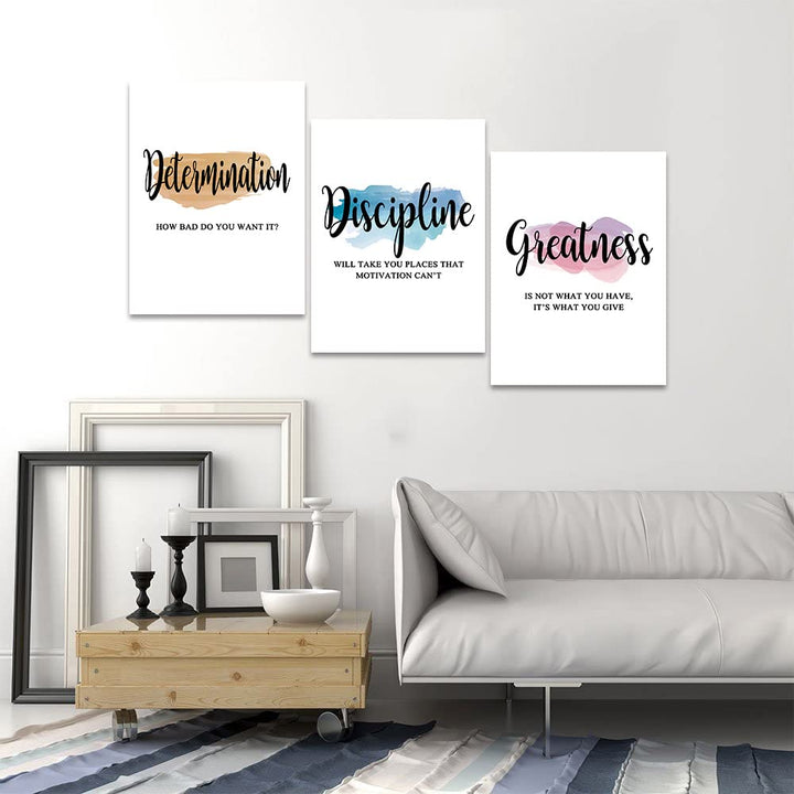 Motivational Office Wall Art - Determination Discipline Greatness Inspirational Wall Decor Positive Quotes Posters Entrepreneur Pictures Success Artwork for Home Study Room Decor (12x16x3Pcs)