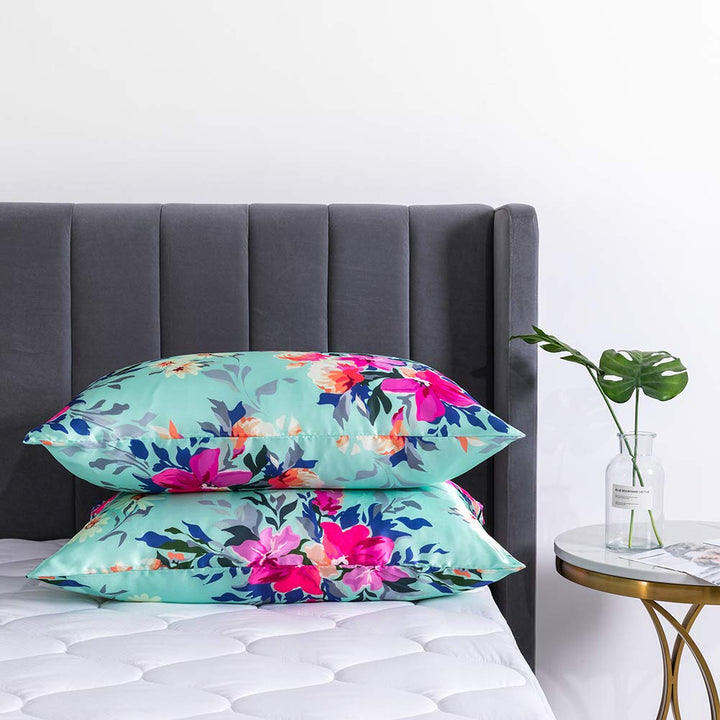 Queen Satin Silk Pillowcase Pack of 2,Floral Silky Pillowcases for Hair and Skin,Soft Green Flower Queen Pillow Cover with Zipper(Green,20X30)