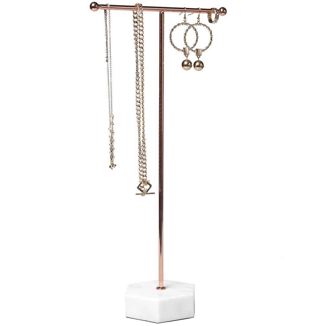 MyGift Modern Rose Gold Metal Countertop T-Bar Hand Towel Holder Stand, Bathroom Washcloth Drying Rack with Hexagonal White Marble Base