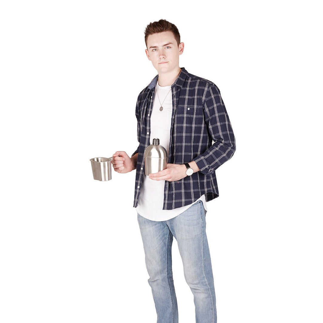 Stainless Steel WWII US Army Canteen Water Bottler Military Canteen Kit 1QT with 0.5QT Cup Nylon Pouch G.I.