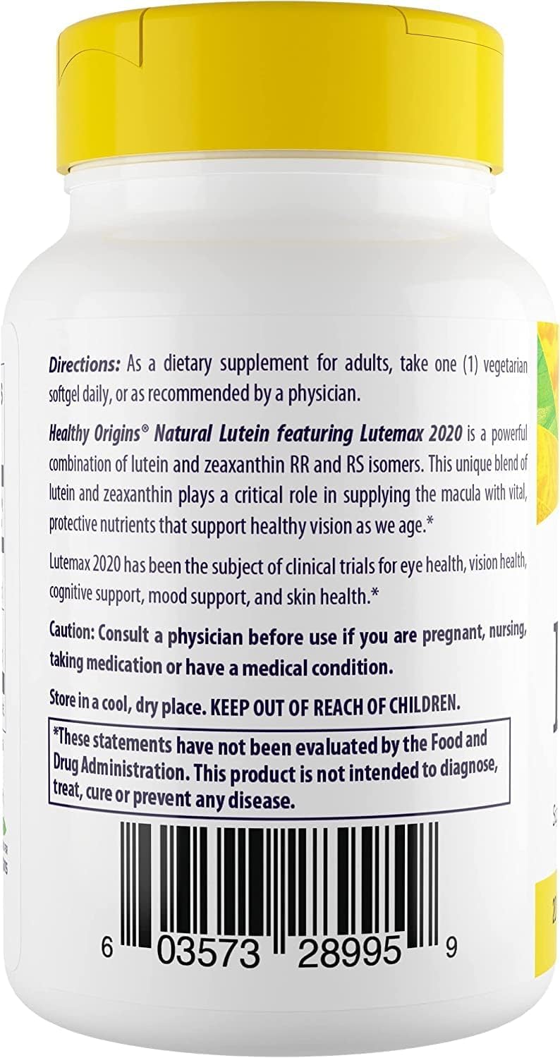 Lutein 20 mg (Lutemax 2020 with Zeaxanthin, Non-GMO, Vegan, Eye Support), 60 Veggie Gels