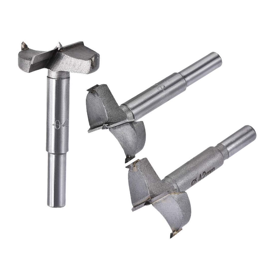 Forstner Wood Boring Drill Bits 38mm 40mm 42mm Dia. Hole Saw Carbide Alloy Steel Tip Round Shank Cutting for Hinge Plywood Wood Tool 3in1 Set