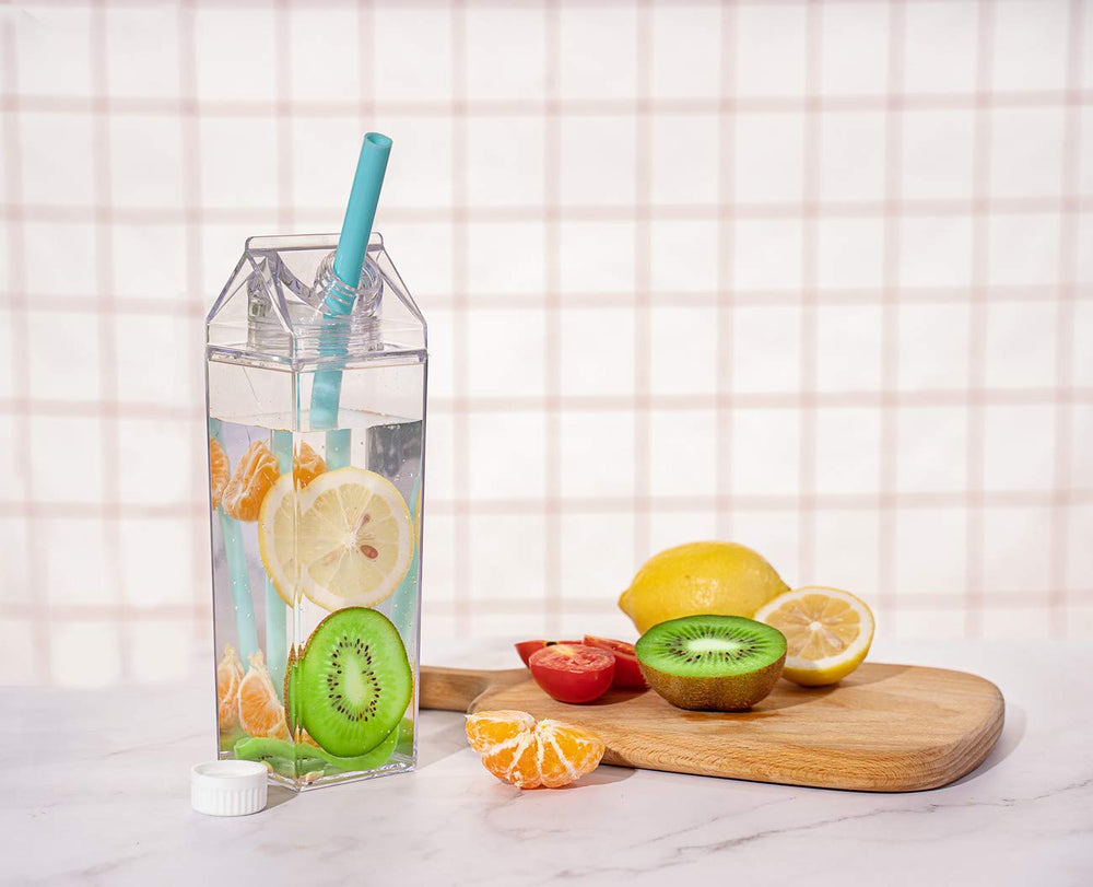 Clear Milk Carton Water Bottle Creative Square Transparent Cup + Straw + Storage Bag (17 oz-)