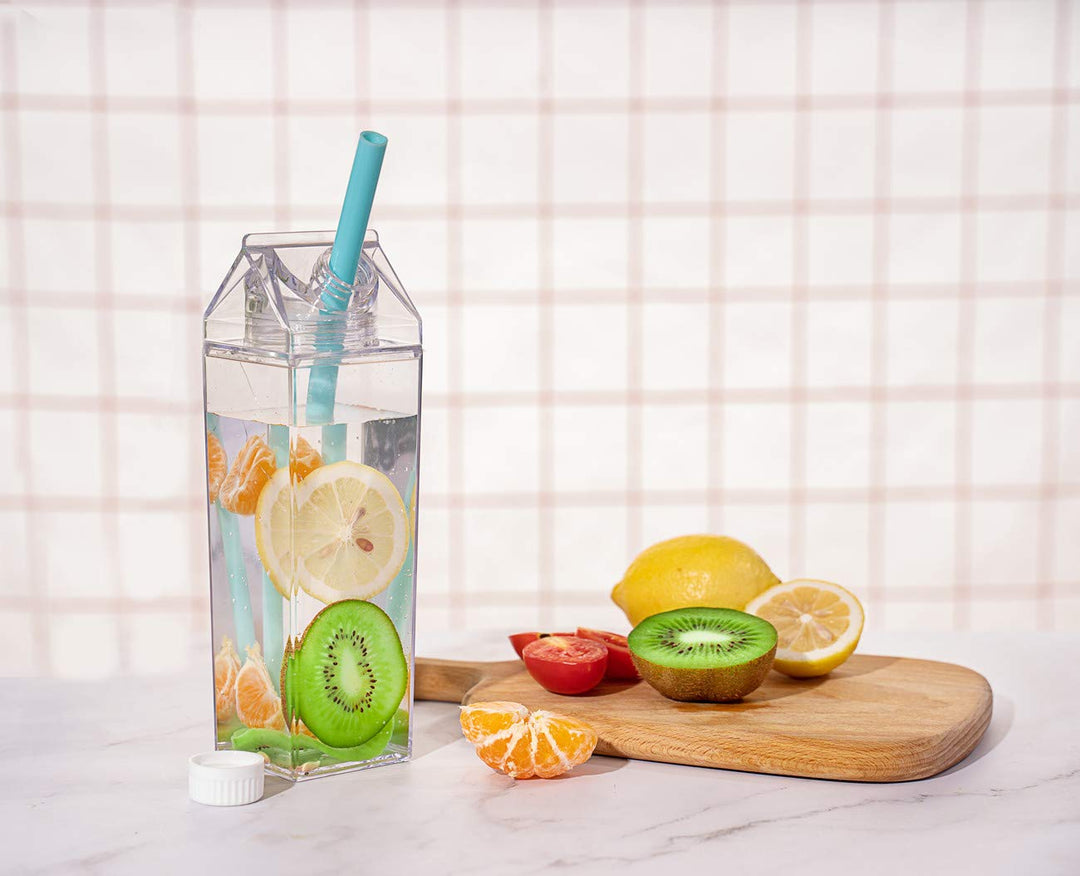 Clear Milk Carton Water Bottle Creative Square Transparent Cup + Straw + Storage Bag (17 oz-)