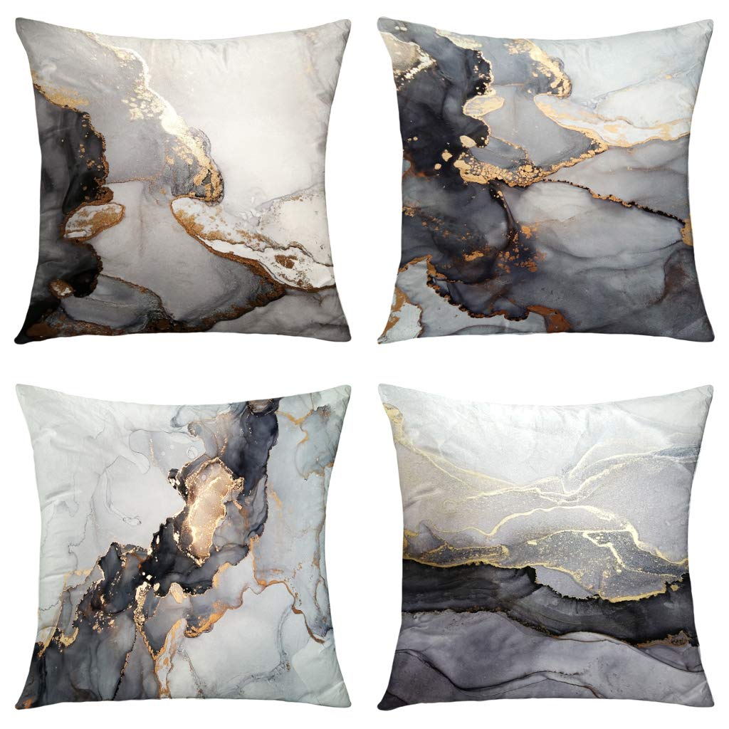 Marble Texture Black and Gold Silver Decorative Throw Pillow Covers Luxury Abstract Fluid Art Ink Soft Velvet Pillow Case Square Cushion Covers for Couch Living Room 18 x 18 Inch Set of 4