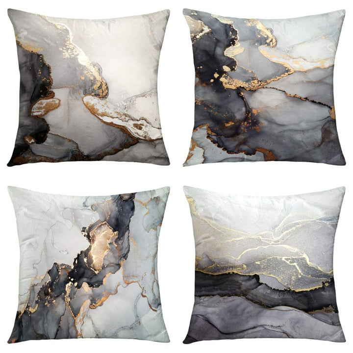 Marble Texture Black and Gold Silver Decorative Throw Pillow Covers Luxury Abstract Fluid Art Ink Soft Velvet Pillow Case Square Cushion Covers for Couch Living Room 18 x 18 Inch Set of 4