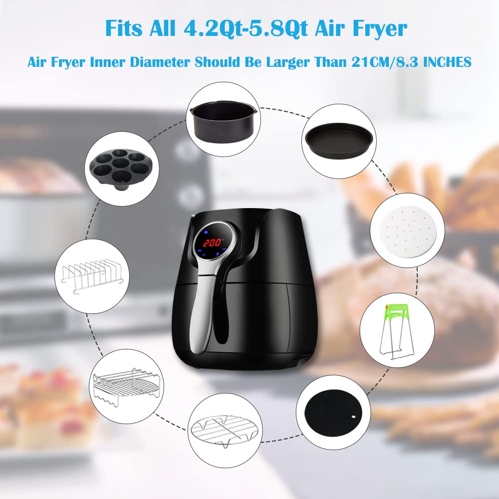 Air Fryer Accessories Set of 7 with 8 Inch Egg Bites Mold, Pizza Pan, Cake Barrel, Skewer Rack, Silicone Mat for 3.5Qt-5.8Qt Phillips Nuwave Gowise Gourmia Ninja Dash Air Fryer