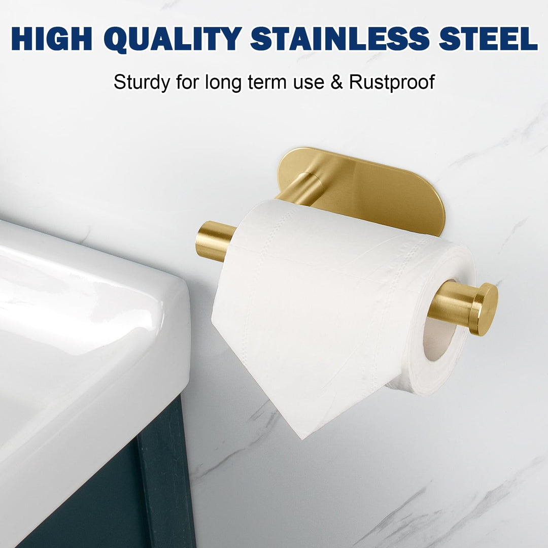 Toilet Paper Holder Self Adhesive, Premium Thicken SUS304 Stainless Steel Rustproof Adhesive Toilet Roll Holder no Drilling for Bathroom, Kitchen, Washroom (1 Pack, Brushed Gold)