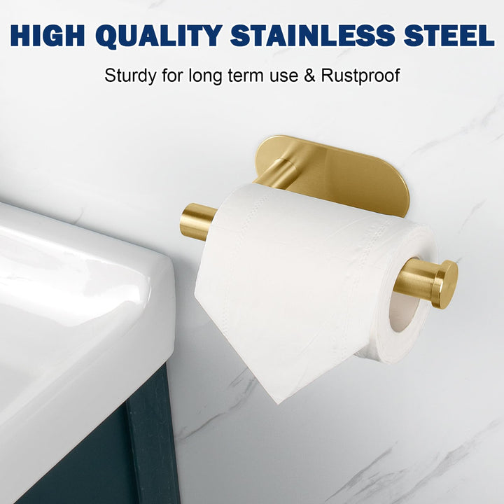 Toilet Paper Holder Self Adhesive, Premium Thicken SUS304 Stainless Steel Rustproof Adhesive Toilet Roll Holder no Drilling for Bathroom, Kitchen, Washroom (1 Pack, Brushed Gold)