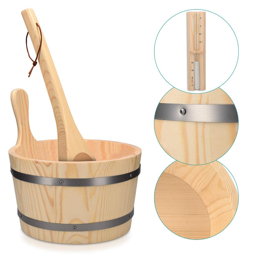 Wooden Sauna Bucket with Ladle - Essential Spa Accessory for Steam Room with 1.3 Gallon Pine Wood Bucket, Plastic Liner, Ladle, Sand Timer