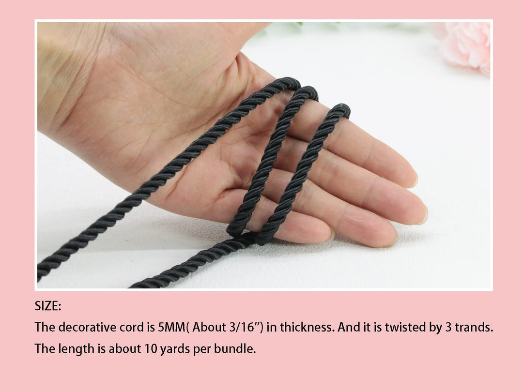 Black 5mm Twisted Satin Cord for Crafts 10 Yards Braided Decorative Cotton Cords Trims Polyester Twine Cord Thick Round Fabric Rope Thread for Sewing-DIY Projects Supplies