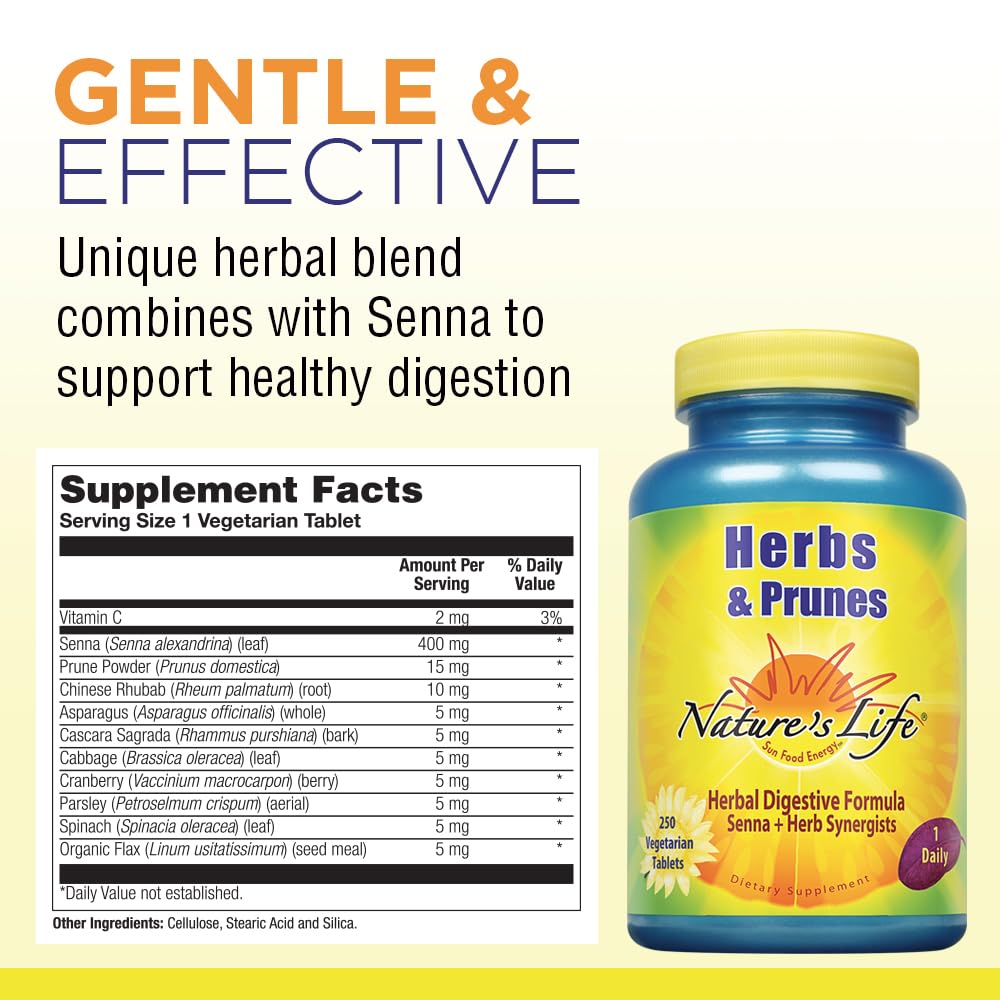 Natures Life Herbs & Prunes | 400mg Senna & Herbal Blend for Healthy Digestion Support | Non-GMO | 250 Tabs, 250 Serv.