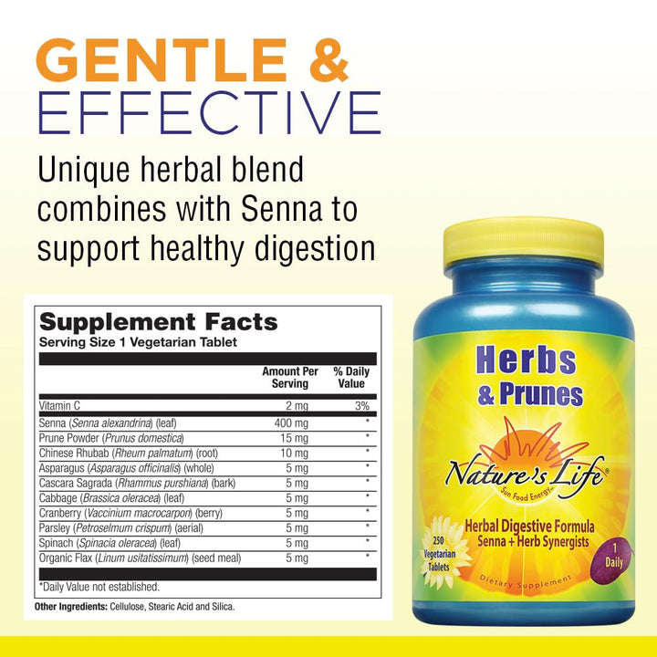 Natures Life Herbs &amp; Prunes | 400mg Senna &amp; Herbal Blend for Healthy Digestion Support | Non-GMO | 250 Tabs, 250 Serv.