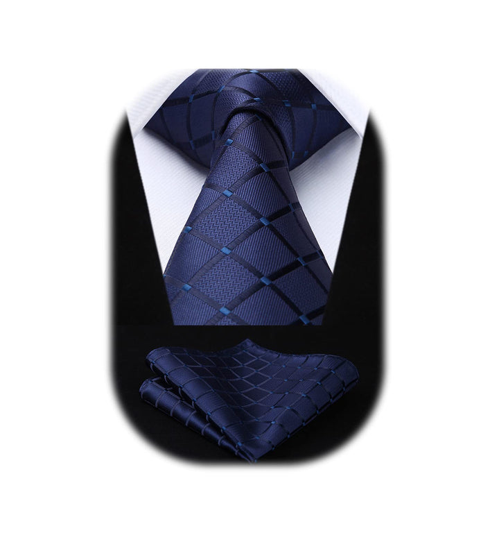 HISDERN Blue Long Ties for Men Polka Dots Tie and Pocke