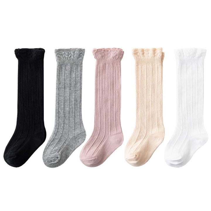 Toddler Girl Knee High Socks Baby Non-Slip Socks Infant Long Tube Ruffled Stockings Gifts 5 Pairs Bow 12-36 Months