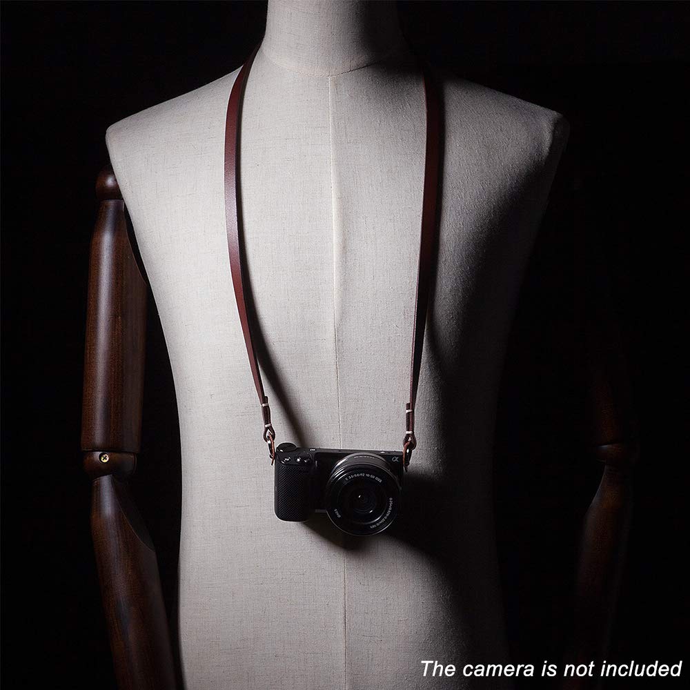 Genuine Leather Camera Neck Shoulder Strap Compatible with Fujifilm Sony Olympus Panasonic Lecia Canon Nikon Mirrorless Compact Cameras (Brown, Retro Style, Slim Belt)