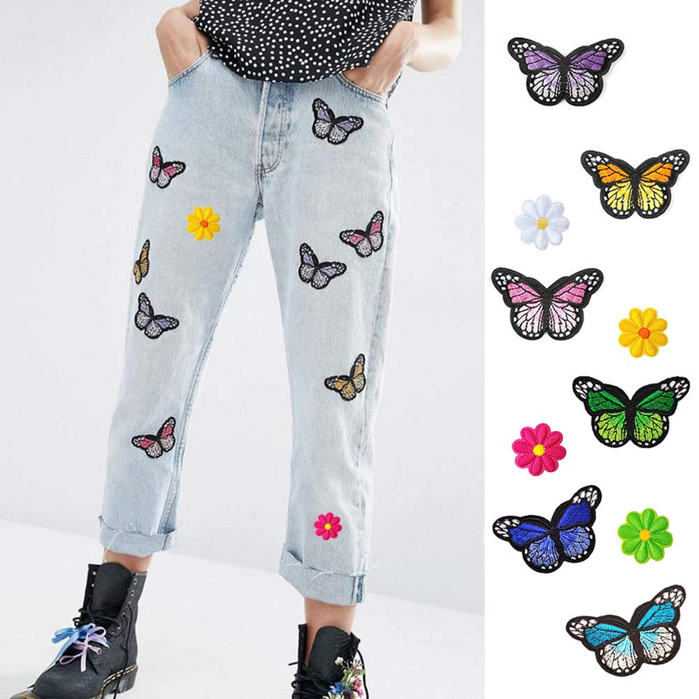 Butterfly Patches Flower Embroidery Patch Sunflower Iron On Patches Rose Applique Patches Sew On Badges Logo Repair Decorative Patches for Clothes Jeans Clothing Jackets Bags Shoes Hats (16 Pcs)