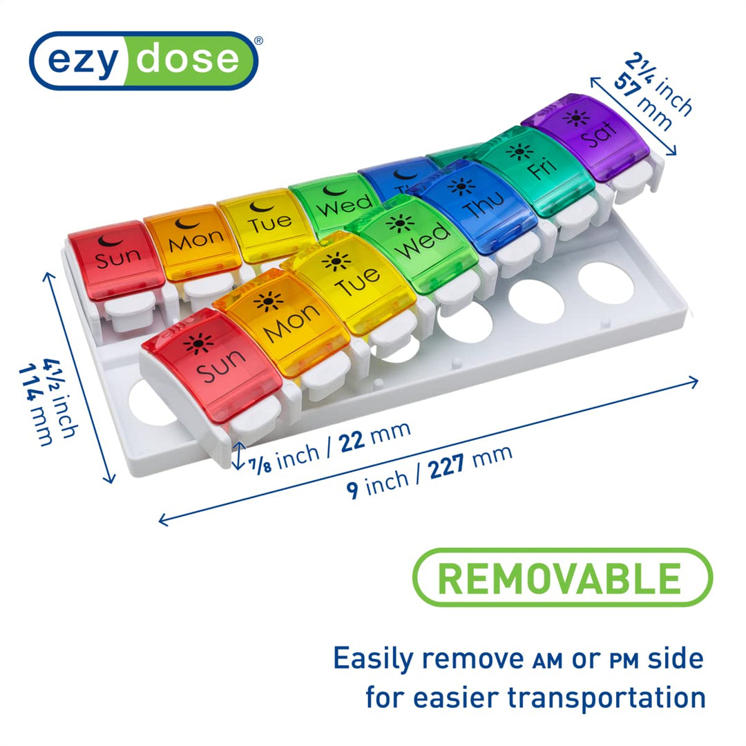 Ezy Dose Push Button (7-Day) Pill, Medicine, Vitamin Organizer Box | Weekly, 2 Times a Day, AM PM | Extra Large Compartments | Rainbow Lids | FDA Registered