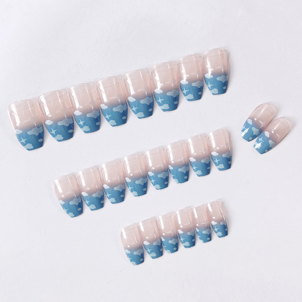 Coffin Press on Nails French Glossy Pink-Blue Cloud Full Cover Medium False Nails for Women Ballerina Nail Art DIY Acrylic Fake Nail Tips Stick on Nails 24Pcs