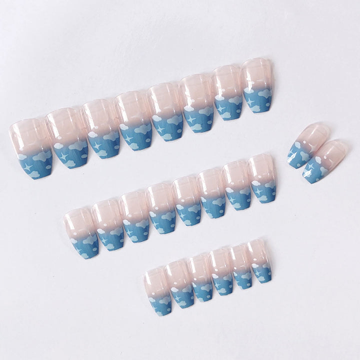 Coffin Press on Nails French Glossy Pink-Blue Cloud Full Cover Medium False Nails for Women Ballerina Nail Art DIY Acrylic Fake Nail Tips Stick on Nails 24Pcs