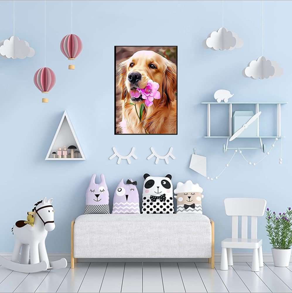 Round Full Drill Diamond Painting Kit, 5D DIY Golden Retriever Paint with Diamonds Pet Dog Diamond Dots Arts Crafts Set for Adult Love Dog Diamond Painting Room Decor (12X16 inches)