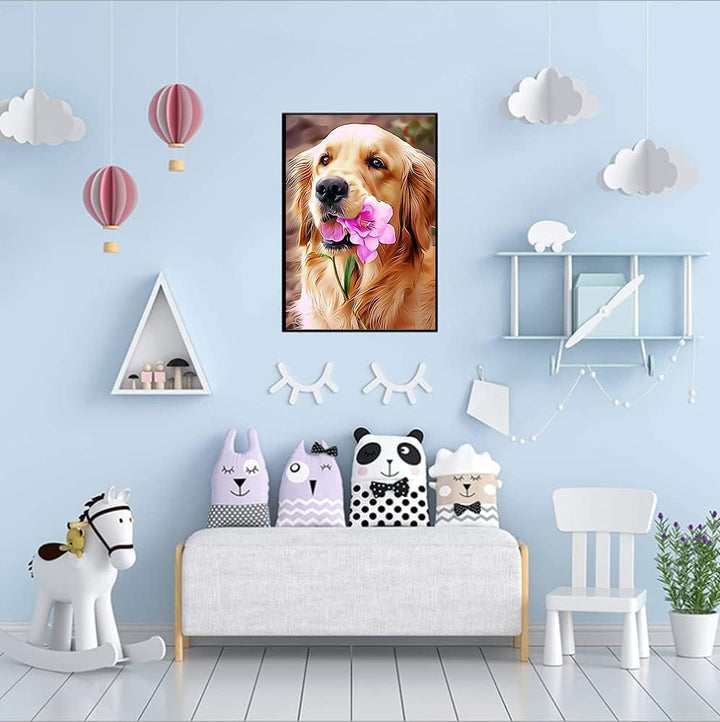 Round Full Drill Diamond Painting Kit, 5D DIY Golden Retriever Paint with Diamonds Pet Dog Diamond Dots Arts Crafts Set for Adult Love Dog Diamond Painting Room Decor (12X16 inches)