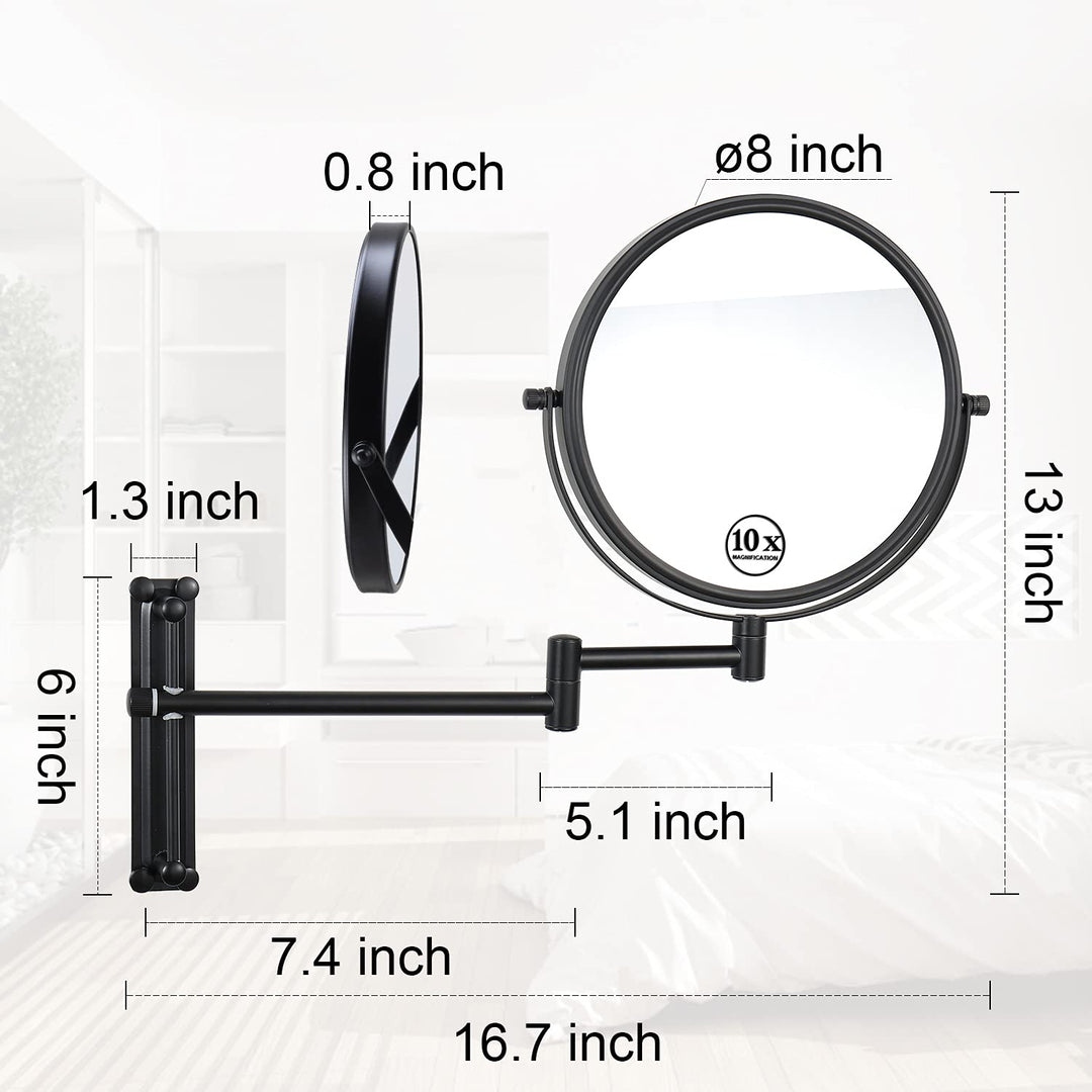 Wall Mounted Makeup Mirror, 10X Magnifying Mirror 8 Height Adjustable Wall Mirror, 360° Extendable Arm Double Sided Vanity Mirror for Bathroom or Bedroom, Black Bathroom Mirror