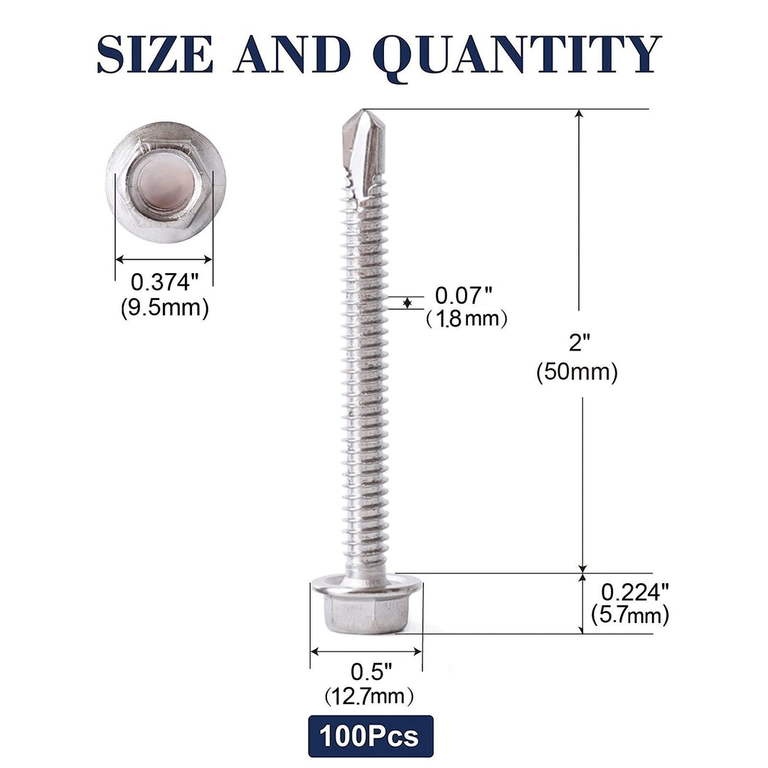 #14 x 2 Sheet Metal Screws 100PCS 410 Stainless Steel Hex Washer Head Fast Self Tapping Screws by SG TZH