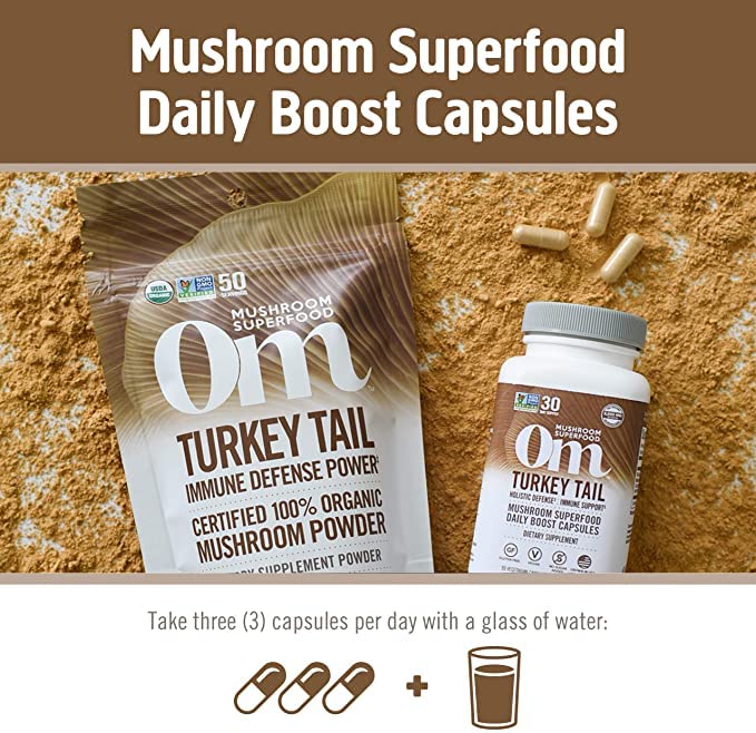Om Mushroom Superfood Turkey Tail Mushroom Capsules Superfood Supplement, 90 Count, 30 Days, Immune Support, Polysacchrides, Beta-Glucans, Gut Health &amp; Holistic Defense Mushroom Supplement