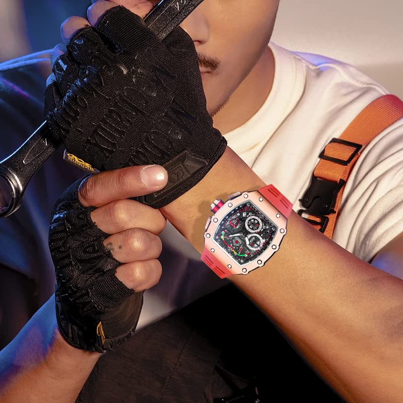 Mens Luxury Tonneau Square Watches Analog Punk Chronograph Unique Sports Wrist Watch Japanese Movement Luminous Design with Rubber Band (Rosegold Red)
