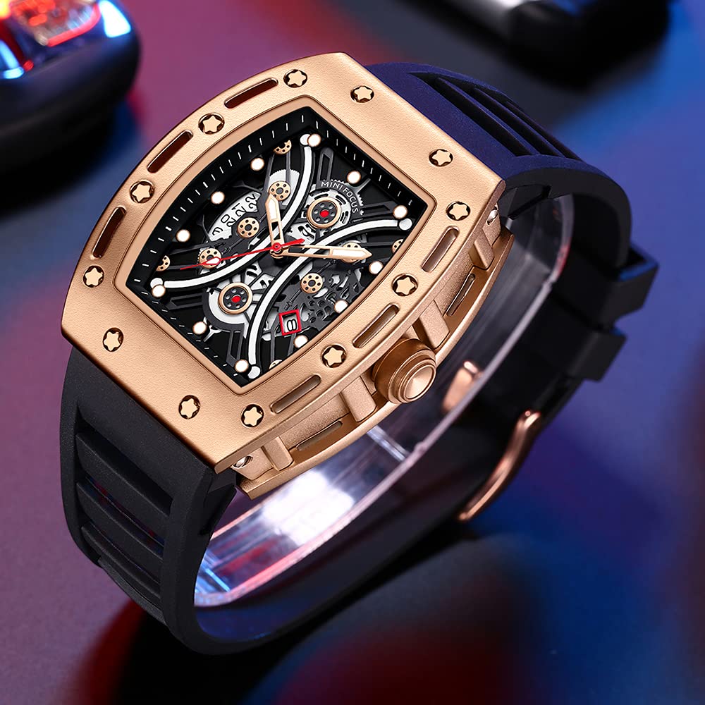 Watch Wristwatch Fashion Hollow Big Dial Luminous Waterproof Sport Analog Quartz Business Mens Watches Silicon Strap Dress Watch (Gold Black)