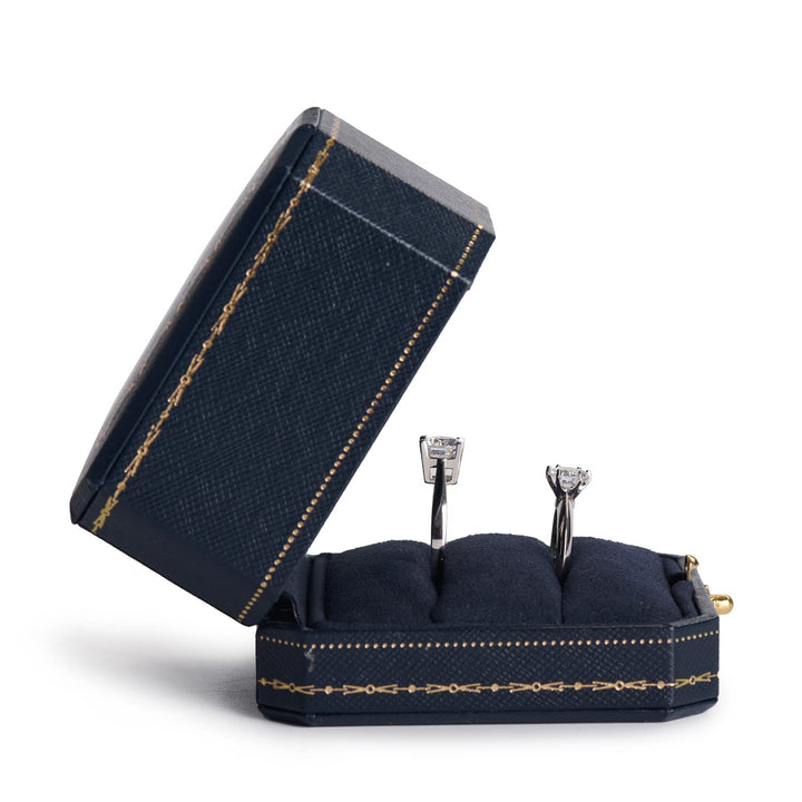 Royal Blue Double Ring Box (Jewelry Storage, 2.95x2.95x1.96 inches, Leather, Square, 1 Compartment, 1 Drawer, 0.2 pounds) for Wedding, Anniversary, Engagement, Valentine&#39;s Day