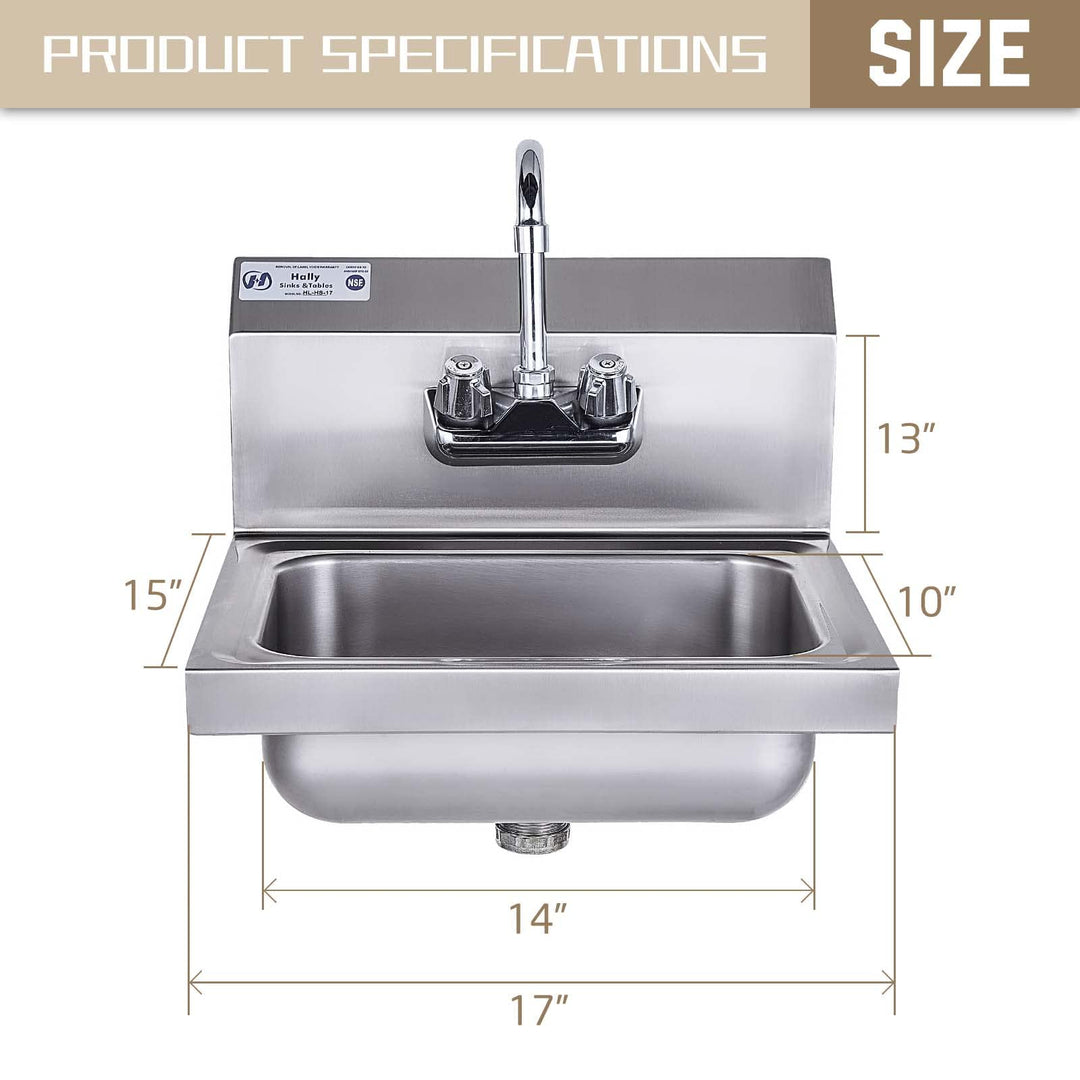 HALLY Stainless Steel Sink for Washing with Faucet, NSF Commercial Wall Mount Hand Basin for Restaurant, Kitchen and Home, 17 x 15 Inches