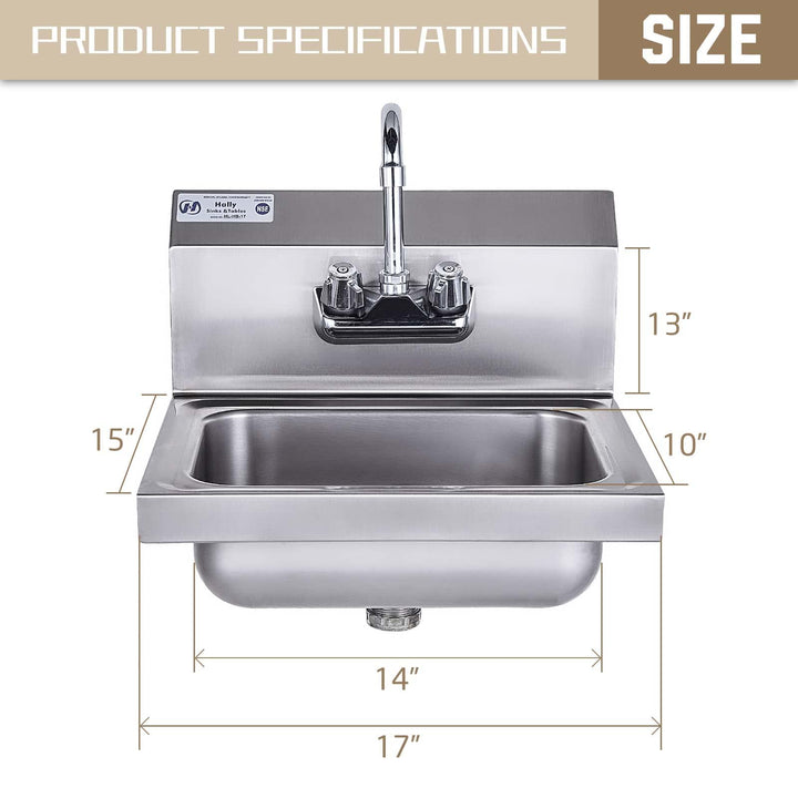 HALLY Stainless Steel Sink for Washing with Faucet, NSF Commercial Wall Mount Hand Basin for Restaurant, Kitchen and Home, 17 x 15 Inches