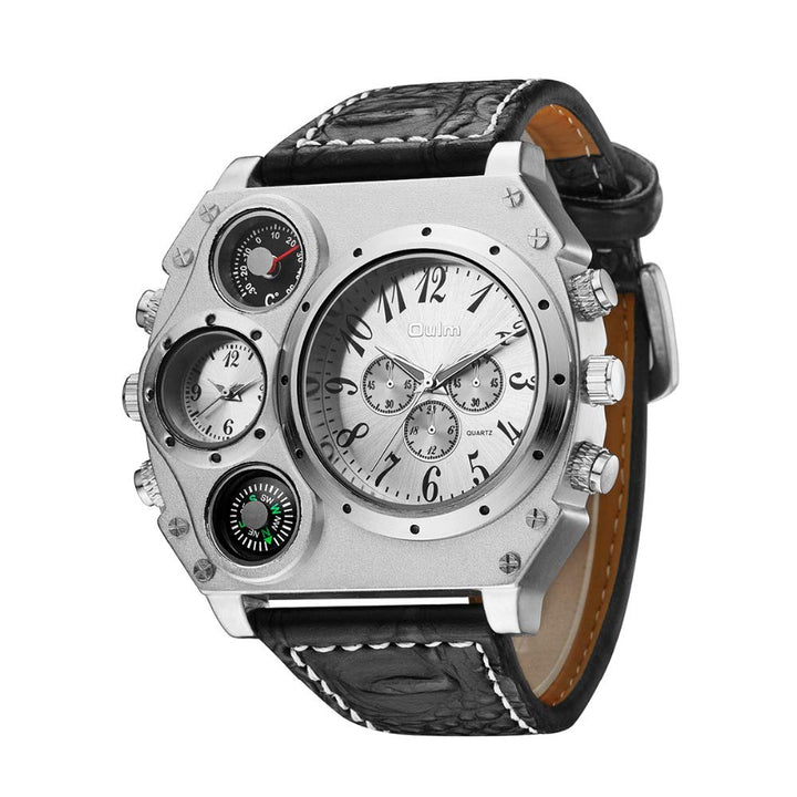 Mens Big Face Watch, Dual Time Zone Leather Strap Sport Watch, Analog Quartz Wrist Watch with Decorative Compass Thermometer Dial