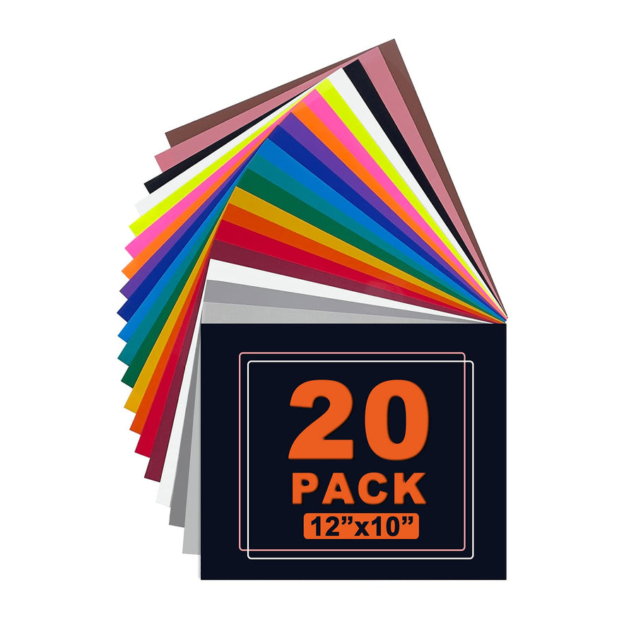 HTV Heat Transfer Vinyl Bundle 12x10 Multi-Color Iron on Vinyl Sheets for T Shirts Tops DIY - Easy to Weed&Cut Multi-Color Pack HTV Vinyl for Cricut Silhouette Cameo 4 (20 Pack)