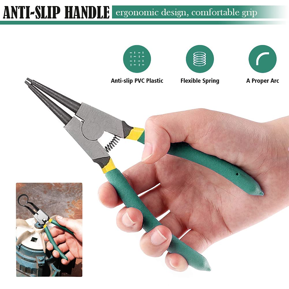 4pcs 7-Inch Snap Ring Pliers Set Heavy Duty Internal/External Circlip Pliers Kit with Straight/Bent Jaw CR-V Steel for Ring Remover Retaining C Clip Pliers with Storage Bag