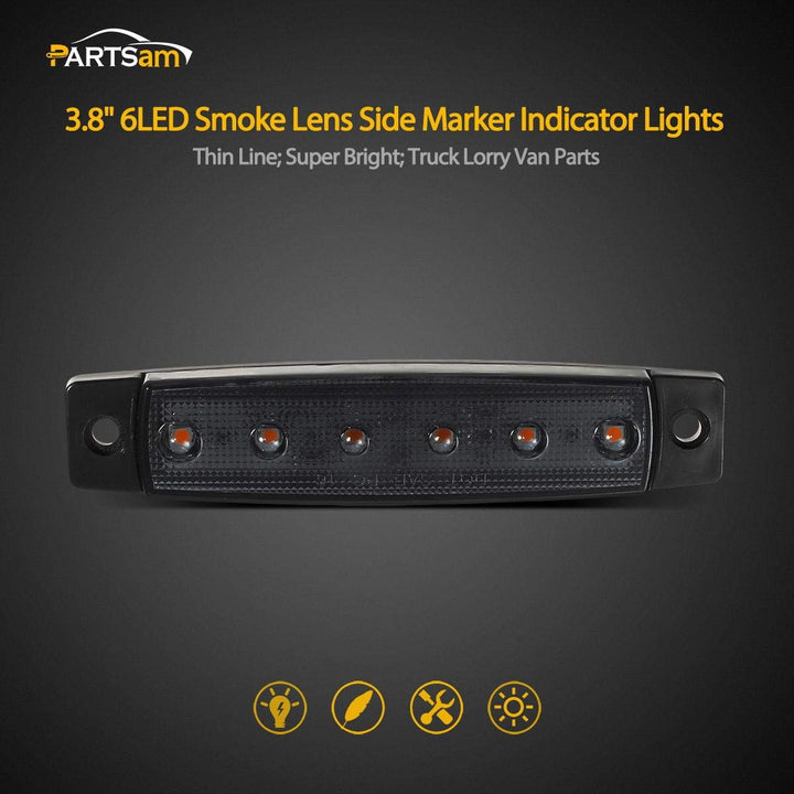5Pcs 3.8 Thin Amber 6 LED Side Marker Clearance Lights Indicators for 12V Trucks Trailers Lorry Van Bus Pickup, Smoked Lens, Sealed Waterproof