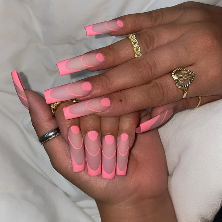 24PCS Press on Nails Wave Long Coffin Fake Nails Lines False Nails Glossy Ballerina Clip on Nails Full Cover Fake Nails for Women and Girls (Wave Fake Nails-H)