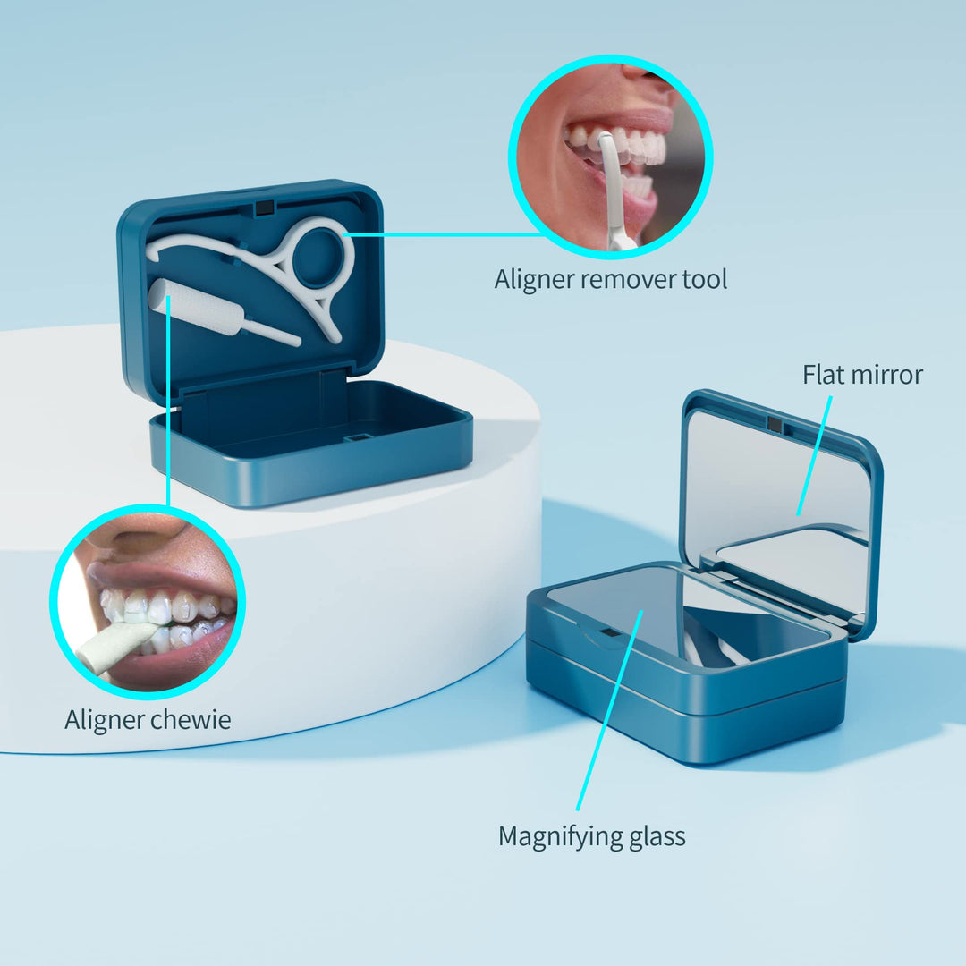 COTISEN Retainer Case with Mirrors, Magnetic Closure, Aligner Chewie, Removal Hook Tool, Orthodontic Holder Dental Teeth Clear Braces Box Travel Kit Cyan